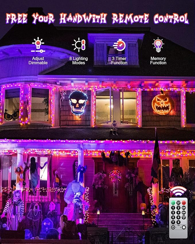 2Packs 380 LED Halloween Lights, Each 125FT String Lights 8 Lighting Modes & Timer Memory, Outside Waterproof Strings Lights for Trees Gardens Yard Holiday Decorations, Purple and Orange
