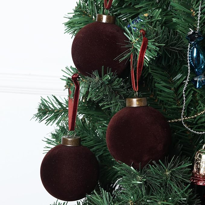 12 Pcs Velvet Christmas Balls Bulk Shatterproof Plastic Christmas Tree Decorations for Decorative Hanging Baubles (12, Coffee, 2.36Inch)