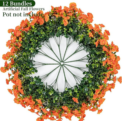 Lnoicy Artificial Flowers for Outdoor 12 Bundles Eucalyptus Fake Flowers for Planter,UV Resistant Fake Morning Glory for Home/Porch/Garden Decoration（Orange）