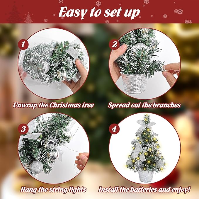 FR 12 Inch Tabletop Christmas Tree,Wintry Pine,Decorated with Pine Cones Berry Clusters,with LED Lights,for Desktop Centrepiece,Mantelpiece,Indoor DIY Christmas Decoration/Silver