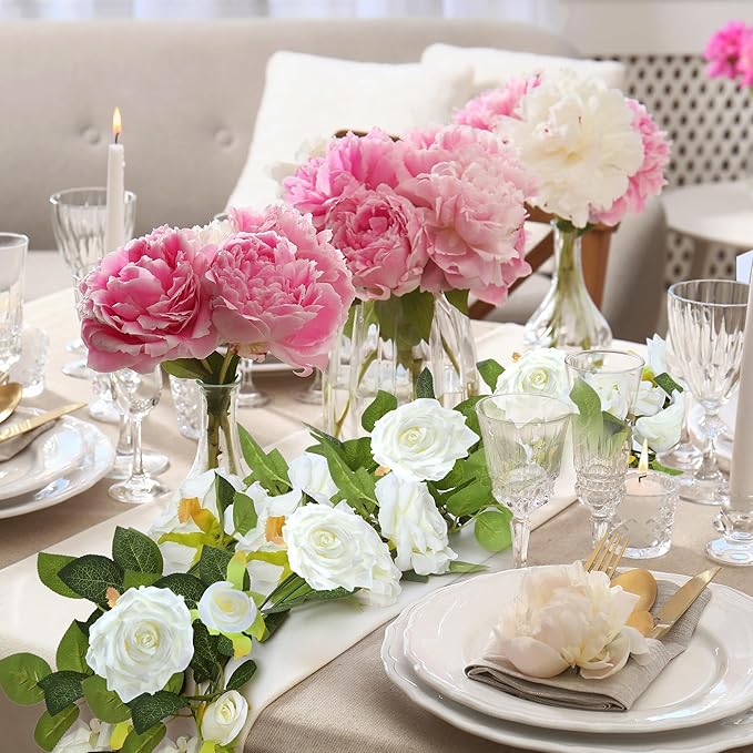 Sggvecsy 4Pcs 31Ft Artificial Rose Vine Fake Flower Garland Floral Garland Faux Silk Hanging Vine Rose Ivy Vines for Wedding Arch Party Wall Garden Ceremony Background Outdoor Decor (White)