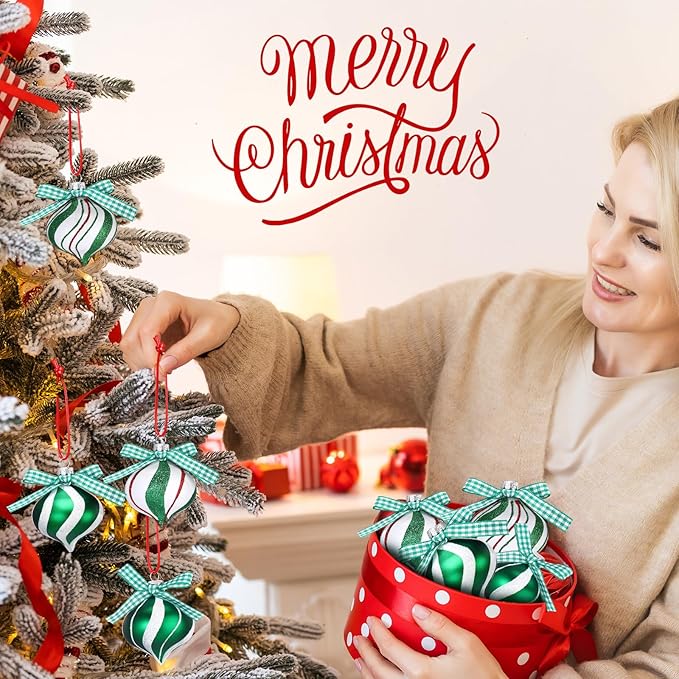 Syhood 24 Pcs Christmas Tree Ornaments, Christmas Ball Decorations Set, Shatterproof Baubles Xmas Tree Hanging Decor, Peppermint Candy Ball Red White Green Stripes Party Holiday(Cute,2.36 Inches)