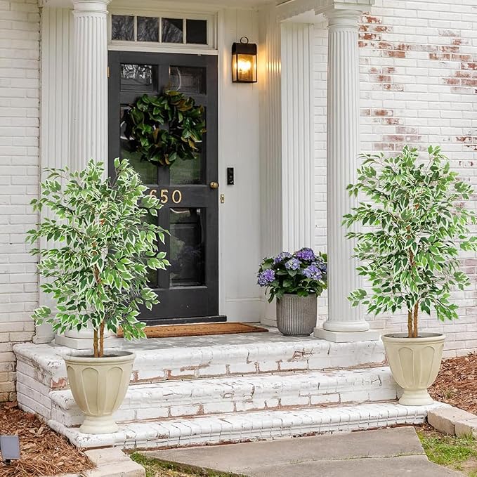 GTIDEA 2 Pcs 5ft Ficus Artificial Trees, Tall Faux Trees Indoor with Natural Trunk and Fake Silk Tree Fake Plants for Home Fall Decor Living Room Outdoor Balcony House Office (Included Dried Moss)