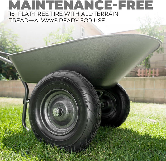 XtremepowerUS Dual-Wheel Utility Wheelbarrow Garden Cart Built-in Stand Flat-Free 16" Tires 5 cu/ft. 330 LBS Capacity Metal Tray for Lawn, Gardening