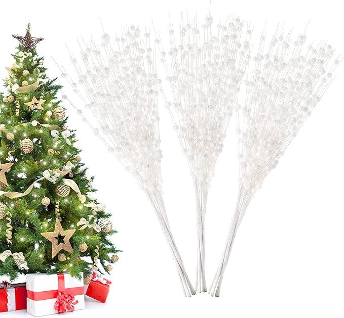 Christmas Artificial Glitter Berry Stem Decorations Decorative Bead Sticks Xmas Picks Glittery Twigs Branches for Christmas Tree Wreath Gift Vase Home Decor Party Ornaments White 24 PCS