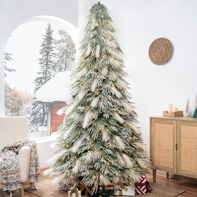 Makenna 7.5ft Snow Flocked Feathery Frosted Prelit Artificial Christmas Tree with 6478 Pampas Tips, 550 Warm Lights and Metal Stand, 48" Wide Realistic Snow Flocked Pine Christmas Tree with Lights