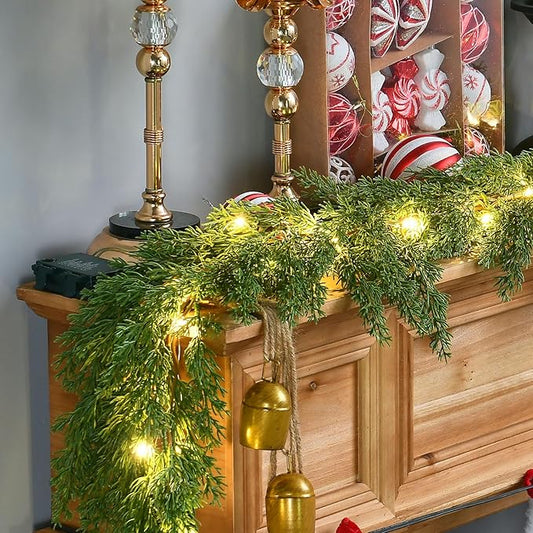 3PCS 6.2FT Christmas Garland with Lights, Real Touch Cedar Garland Thick and Lush Greenery with Soft Artificial Pine Branches for Mantle Fireplace Table Wall Outdoor Indoor Christmas Decorations