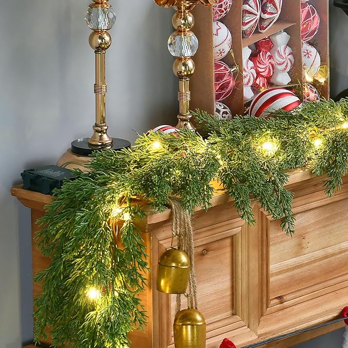 2PCS 6.2FT Christmas Garland with Lights, Real Touch Cedar Garland Thick and Lush Greenery with Soft Artificial Pine Branches for Mantle Fireplace Table Wall Outdoor Indoor Christmas Decorations