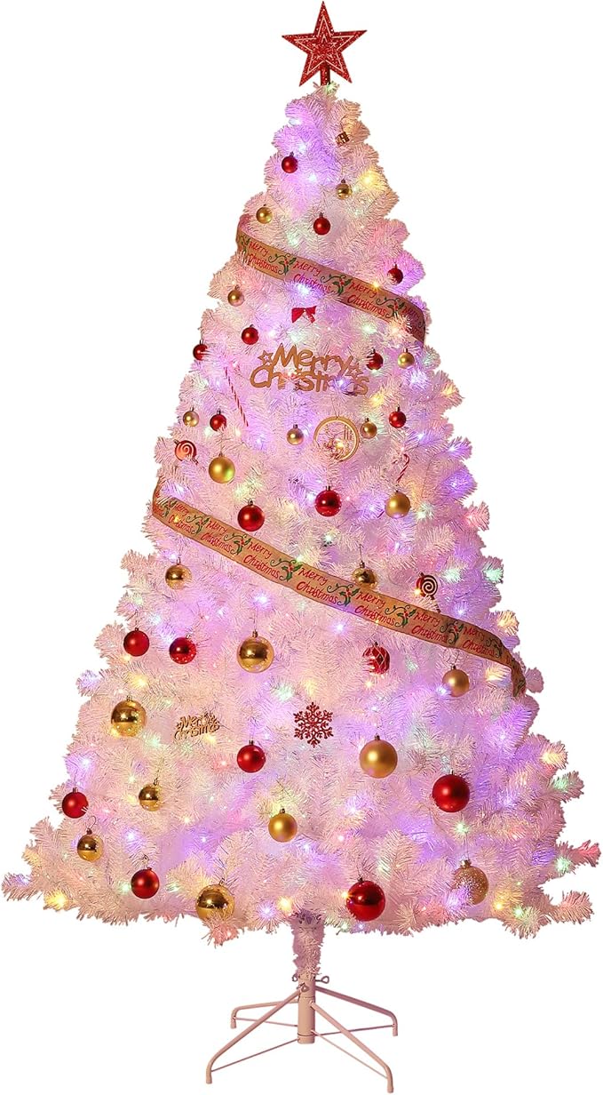 GAOMON 7.5Ft Prelit Christmas Tree, White Tinsel Christmas Tree with 450 Warm White Led Lights & Sturdy Stand, Sparkle Xmas Decorations for Homes Offices, Parties, White