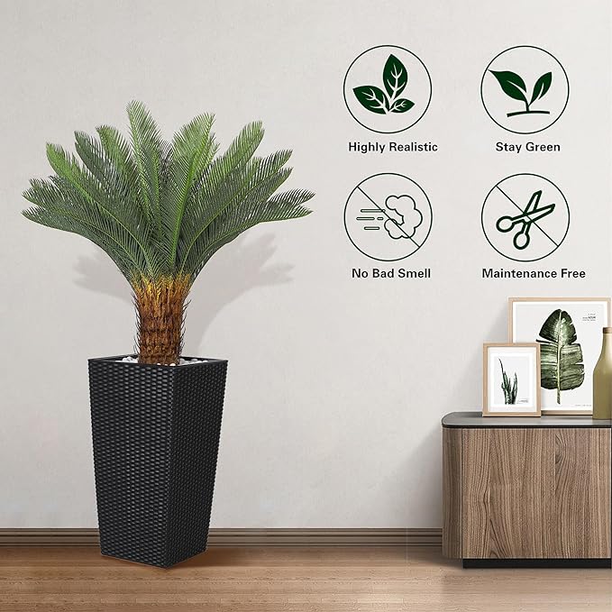 4FT Artificial Cycas Tree, Faux Sago Palm Tree with Planter, Decorative Rocks, Fake Palm Tropical Plant with Authentic Leaves and Trunk for Home Office Patio Porch Decor(Black)