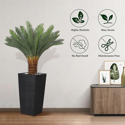 4FT Artificial Cycas Tree, Faux Sago Palm Tree with Planter, Decorative Rocks, Fake Palm Tropical Plant with Authentic Leaves and Trunk for Home Office Patio Porch Decor(Black)