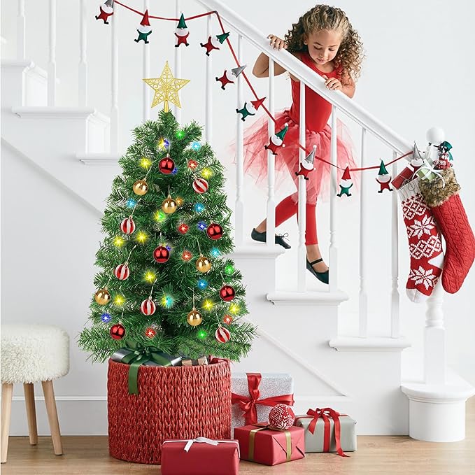 3FT Green Christmas Tree Tinsel with 50 Warm White & Multi Color Fariy Light 3D Star 15 Ball Ornament, 12 Light Modes Timer Battery Operated Small Artificial Full Xmas Tree Table Indoor Holiday Decor