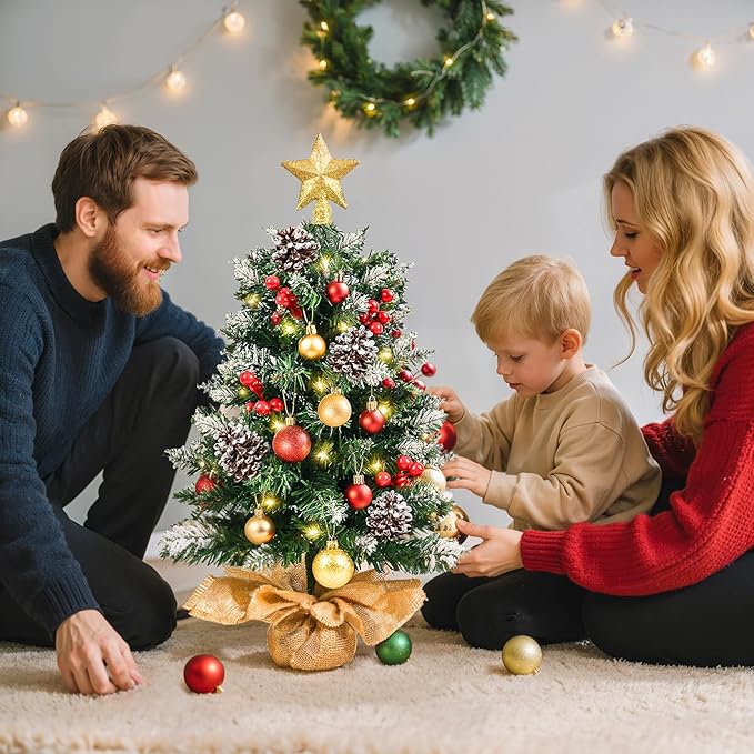 Mini Christmas Tree with Lights, 24 Inch Tabletop Christmas Tree with Berries Star Treetop Ornaments Balls Artificial Small XMS Tree for Table Desk Home Christmas Holiday Decor