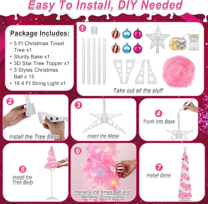 5FT Pop Up Christmas Tree with Timer 60 Warm White & Multi Color Fairy Light 3D Star 15 Ball Ornament, Pink White Tinsel Christmas Tree Slim Pencil Xmas Tree Home Office Holiday Decor Indoor Outdoor
