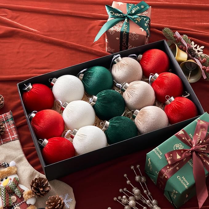 Christmas Ball Ornaments, 15 Pcs Red & Green Ornaments with Velvet, Multicolor Xmas Decorations for Christmas Tree Holiday Decor