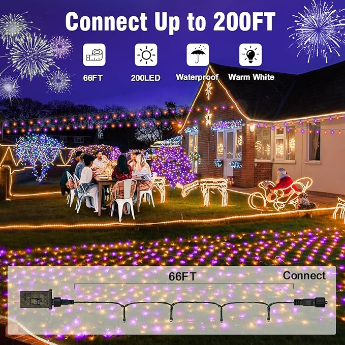 Nisocy 200 LED String Lights Outdoor Waterproof – Purple Orange Fairy Lights with Plug, Connectable Christmas Tree Lights for Patio, Garden, Bedroom, Wedding, Party, Decor (66FT)
