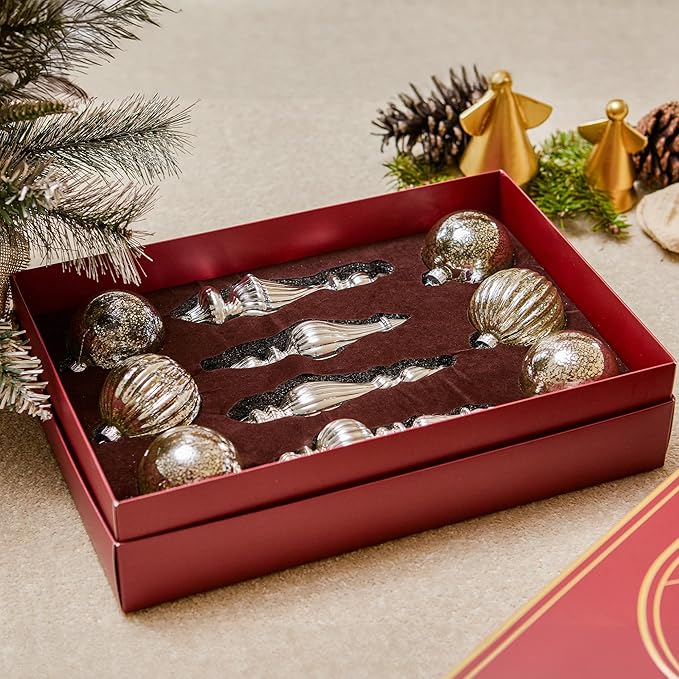 Mercury Glass Christmas Ornaments Silver Hanging Balls with Different Shapes for Xmas Tree Decor,Vintage Finials Luxury Christmas Decoration Hanging Bauble for Neutral Holiday Winter Wedding-Set Of 10