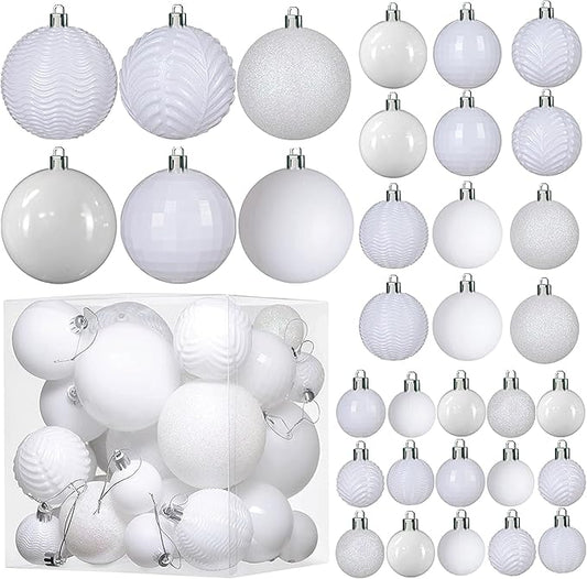 Prextex 36 Piece White Christmas Ornaments and Balls - White Ornament Set with 3 Sizes and 6 Styles - Shatterproof Christmas Ornaments for Tree, Wreath, and Holiday Decor for Indoor or Outdoor Display