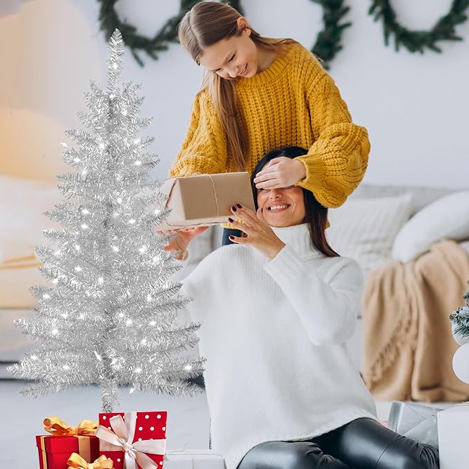 4ft Artificial Full Silver Christmas Tree with Separate Lights, Not Pre-lit Mini Silver Tinsel Pine Christmas Tree, 50 Lights, Small Xmas Tree for Home, Office, Party Decoration, Indoor