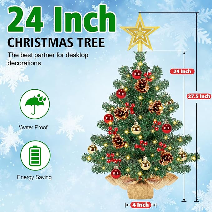 [ 8 Modes & Timer] 24 Inch Small Tabletop Christmas Tree with 50 Warm White Lights Star Treetop and Ornaments Artificial Mini Christmas Tree Indoor Home Table Christmas Decorations