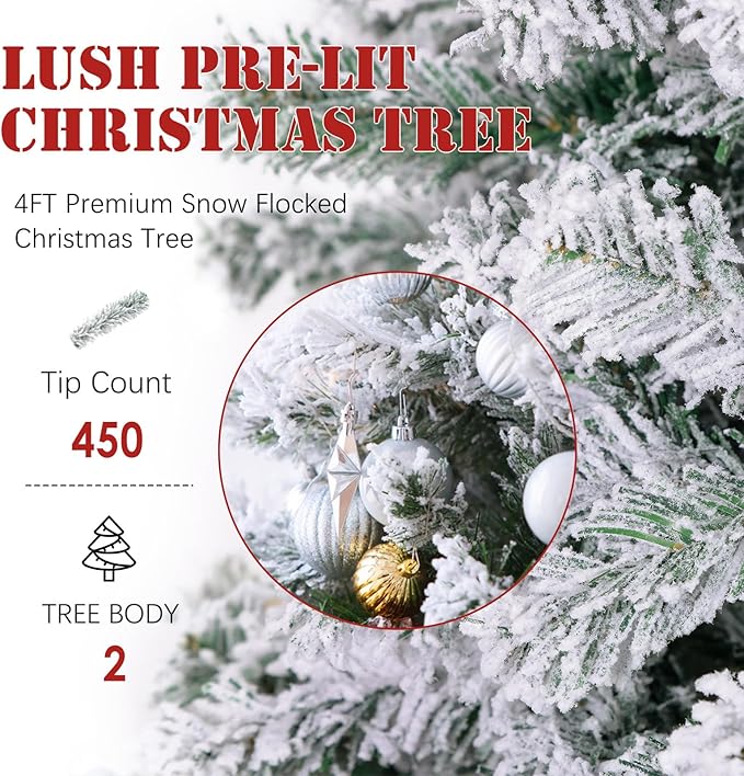 4FT Snow Flocked Christmas Tree, Small Artificial Holiday Xmas Tree with 450 Branch Tips, Foldable Stand for Holiday Party Decoration
