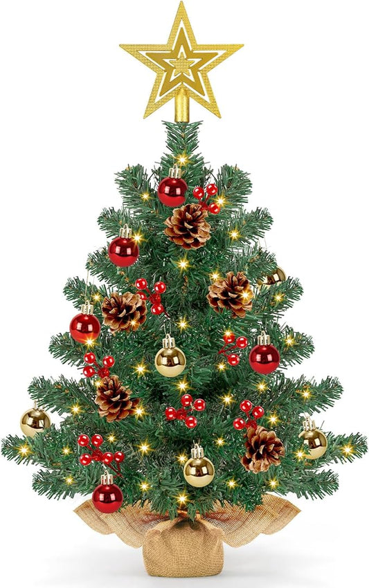 [ 8 Modes & Timer] 24 Inch Small Tabletop Christmas Tree with 50 Warm White Lights Star Treetop and Ornaments Artificial Mini Christmas Tree Indoor Home Table Christmas Decorations