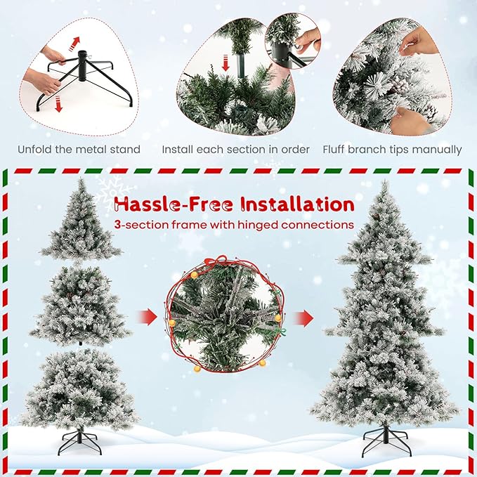 HAPPYGRILL 7 FT Pre-Lit Christmas Tree, Flocked Xmas Tree with Pine Needles, 1057 Branch Tips, 420 Warm White LED Lights & 62 Pine Cones, Hinged Xmas Tree with 2 Pairs of Gloves