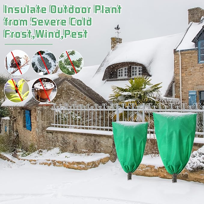 4 Pcs Plant Covers Freeze Protection 2 Size 47" x 32" and 71" x 47" Reusable Plant Protector with Zipper and Drawstring, Winter Bush Covers Freeze Protection from Cold Sun Frost Wind(Green)