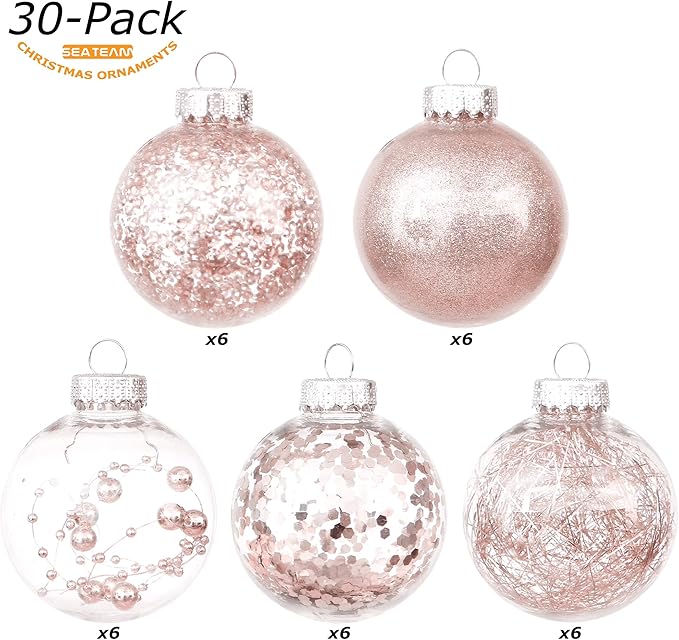 Sea Team Shatterproof Clear Plastic Christmas Ball Ornaments Decorative Xmas Balls Baubles Set with Stuffed Delicate Decorations (60mm/2.36''/30-Pack, Rose Gold)