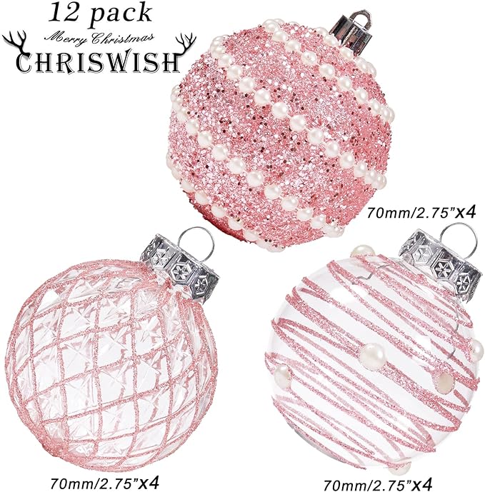 12CT Christmas Ball Ornaments Pink Shatterproof Clear Large Plastic Christmas Tree Decoration, Delicate Hanging Ornaments for Xmas Party, Wedding, Holiday and Home Décor(70mm/2.76")
