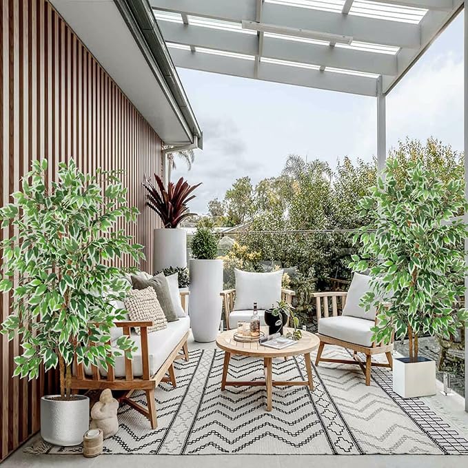 GTIDEA 2 Pcs 5ft Ficus Artificial Trees, Tall Faux Trees Indoor with Natural Trunk and Fake Silk Tree Fake Plants for Home Fall Decor Living Room Outdoor Balcony House Office (Included Dried Moss)