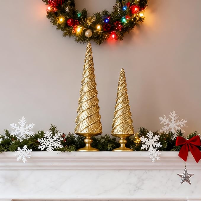 2Pcs Christmas Tree Figurines, Gold Resin Christmas Trees with Spiral Design, Small Decorative Tabletop Trees for Mantel, Modern Holiday Home Decor for Living Room, Office, Shelf, Festive Centerpiece