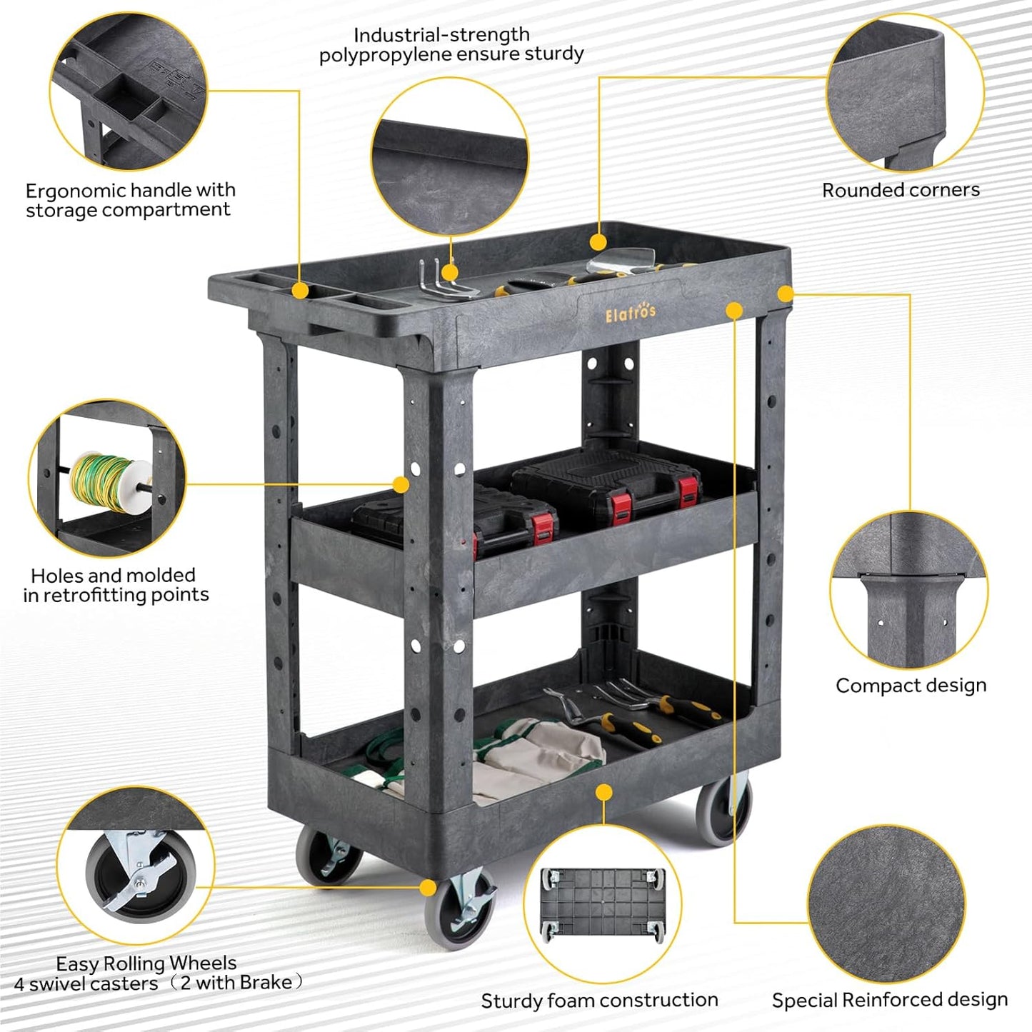 ELAFROS 3 Shelf Heavy Duty Plastic Utility Cart 34 x 17 x 38.5 Inch - Work Cart with Full Swivel Wheels Deep Shelves and Safely Holds up to 550 lbs - 3 Tier Service Cart Tool cart, Gray