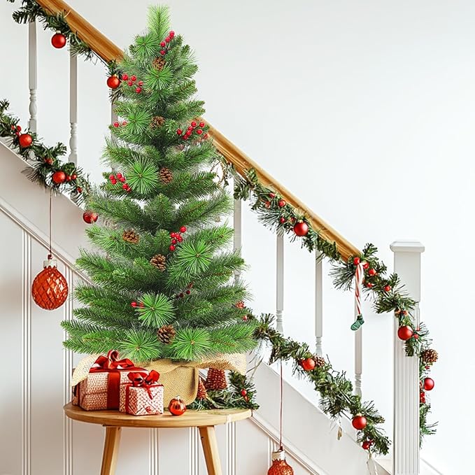 3 Ft Small Christmas Tree Remote Control Artificial Tabletop Christmas Tree 50 Warm White&Colored Lights Battery Operated 12 Modes Timer Pinecones Red Berries Burlap Base Xmas Christmas Decorations