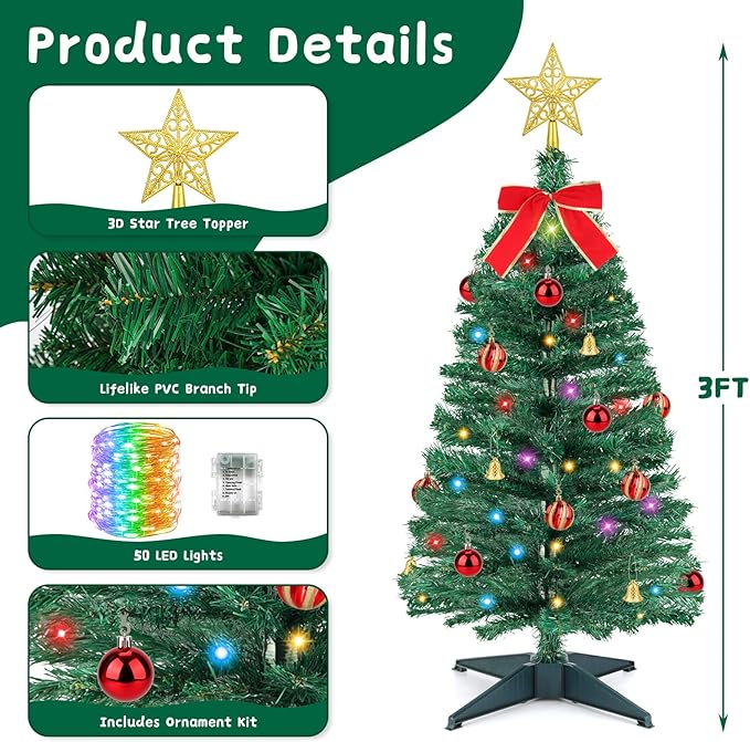 3 FT Artificial Christmas Tree with Lights - 12 Lighting Modes, Timer&Ornaments, Mini Fake Xmas Tree for Tabletop, Home, Office, Christmas Decoration Tree Decor
