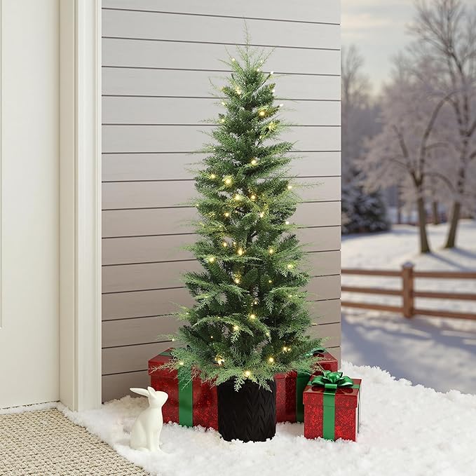 LuxenHome 5FT Small Christmas Tree, Potted Slim Christmas Tree with 100 Warm White LED Lights, Realistic Cedar Prelit Artificial Christmas Trees with Black Planter Pot for Outdoor Porch, Entryway