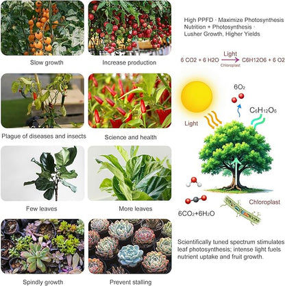 LED Grow Light Panel 600W Lamp for Indoor Plants, Full Spectrum with White Blue Red UV IR LEDs for 3x3ft Coverage Grow Tent Greenhouse Veg and Bloom Seedlings Hydroponics Timer Brightness