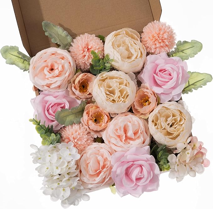 30 Pcs Peonies Artificial Flowers Pink Silk Roses Bulk for DIY Wedding Bouquet Bridal Shower Decorations Fake Floral Arrangements Party Table Centerpieces Home Decor Indoor Blush Peach Box