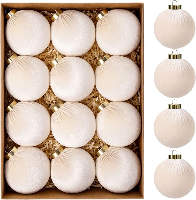 24 Pack Velvet Ornaments for Christmas Tree Decorations, 12 Pcs 3.15 Inch Large Neutral Christmas Ornaments Hanging Flocked Balls and 12 Pcs Velvet Bows for Xmas Tree Holiday Party Decor