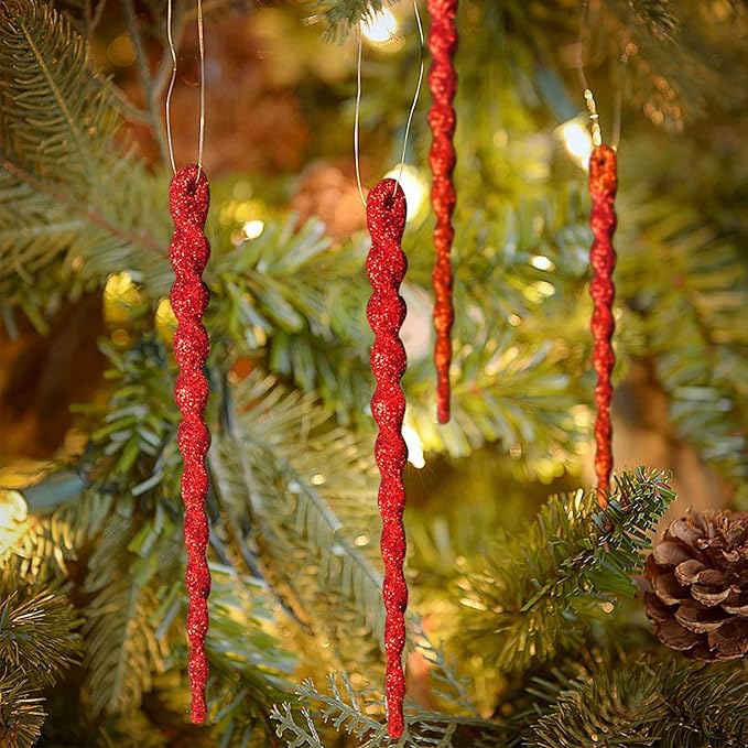 AMS Sparkling Glitter Plastic Icicle Ornaments 30 PCS Twisted Icicles Decoration Christmas Tree and Holiday Xmas Party Hanging (5.1'', Red)