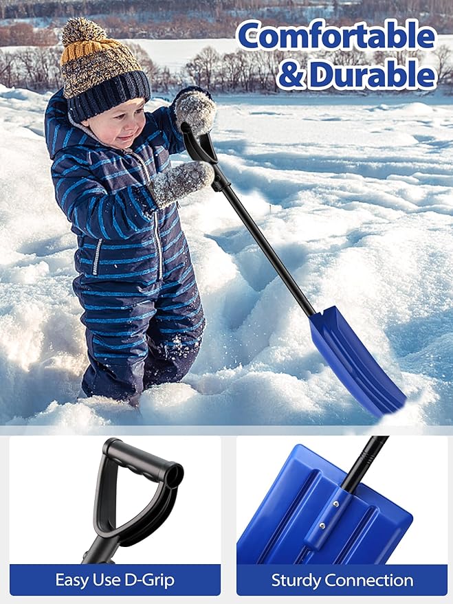 Snow Shovel for Child Aged 2-13 Year Old, Plastic Kids Snow Shovel Right Kid Size, Comfort Strong D Handle Grip, Lightweight Small Snow Shoveling Tool for Children Toddler, Bright Blue Color