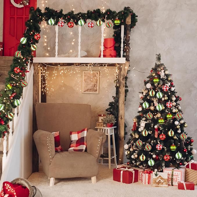 Leyndo 30 Pcs Christmas Ball Ornaments 2.4 Inch Lime Green Red White Whimsical Christmas Tree Decorations Glitter Elf Polka Dot Stripes Swirl Peppermint Candy Cane Xmas Bulbs for Tree(Stylish Style)