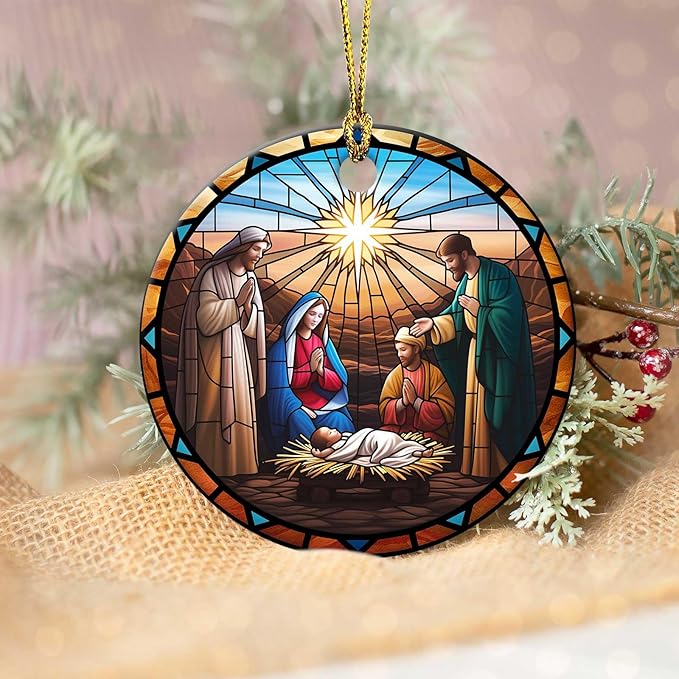 Nativity Night Ornaments Round Ceramic Stained Glass Style Birth of Jesus Christ Ornament Christmas Keepsake Decor for Christmas Tree Winter for Women Men Xmas Hanging Ornament 3"