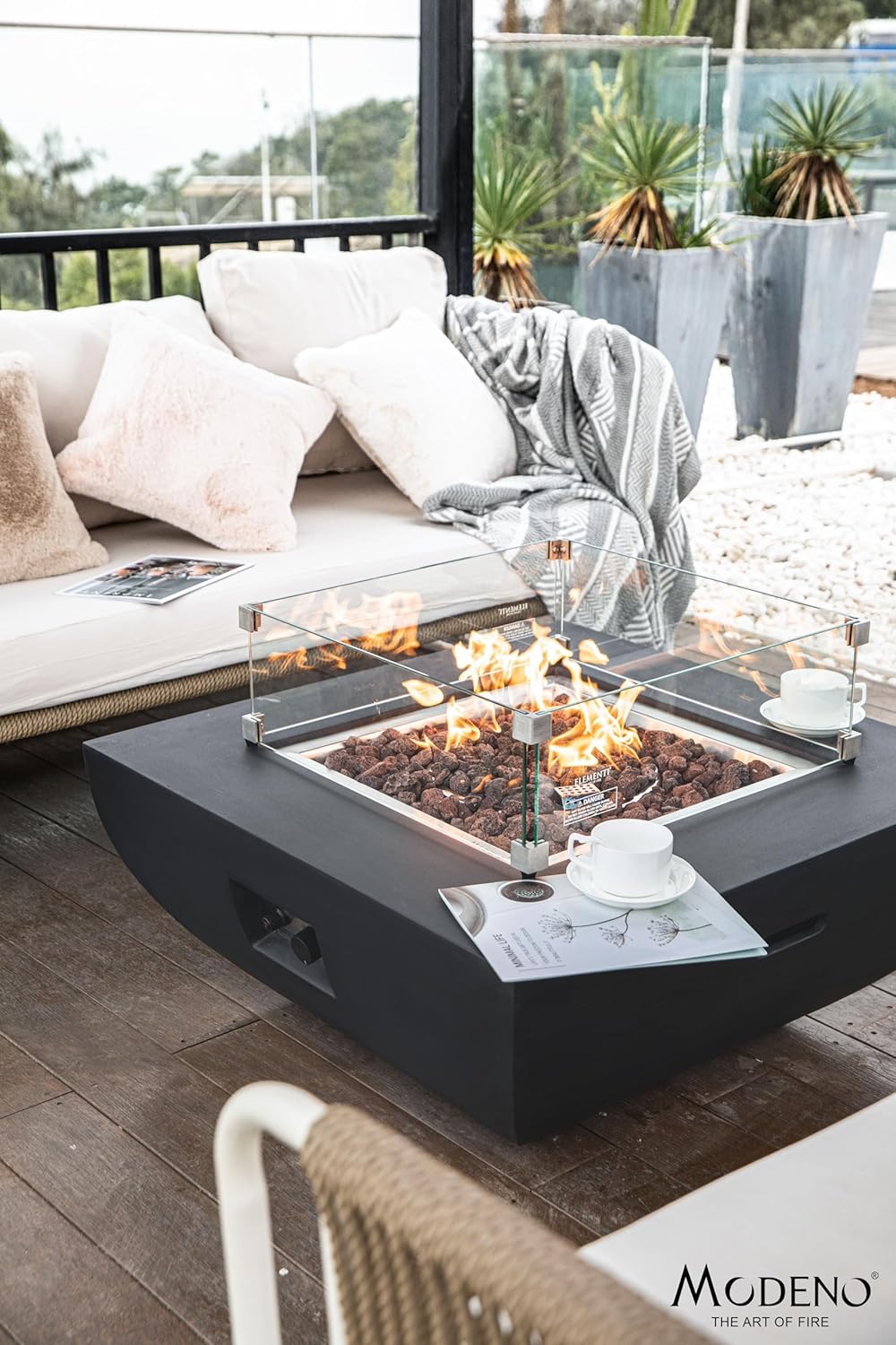 AMS Fireplace | Modeno Aurora Package | Black Natural Gas Fire Pit Table for Outside Patio Bundle with Wind Guard, and SS Burner Lid | Free Rubber Mat & Ice Bucket