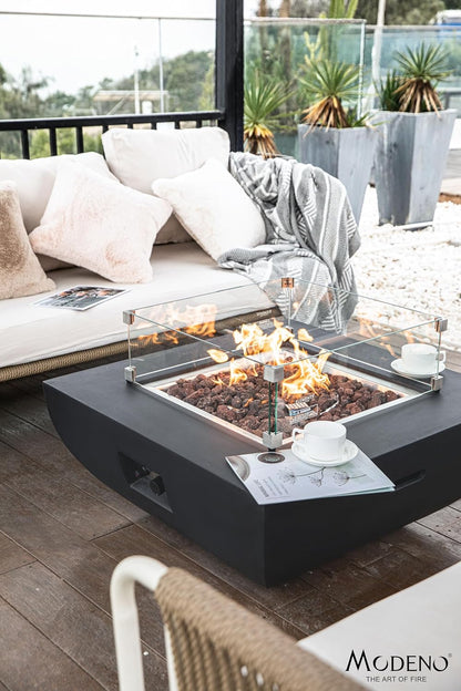 AMS Fireplace | Modeno Aurora Package | Black Natural Gas Fire Pit Table for Outside Patio Bundle with Wind Guard, and SS Burner Lid | Free Rubber Mat & Ice Bucket