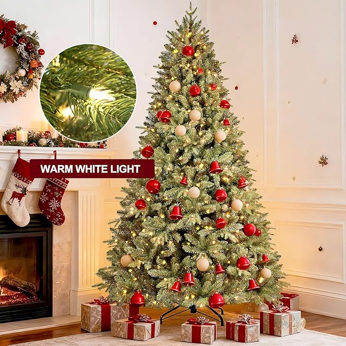 6.5 FT Pre-Lit Artificial Christmas Tree with 1706 PE&PVC Mixed Branch Tips, 450 Warm White Lights, Hinged Premium Spruce Fake Xmas Trees, Green, Foldable Base