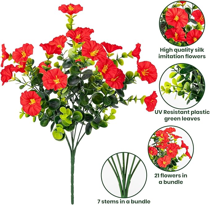 Artificial Faux Flowers for Outdoor 16 Bundles Boxwood Fake Morning Glory for Planter,UV Resistant Fake Flowers for Home Porch Patio Outside（Red）