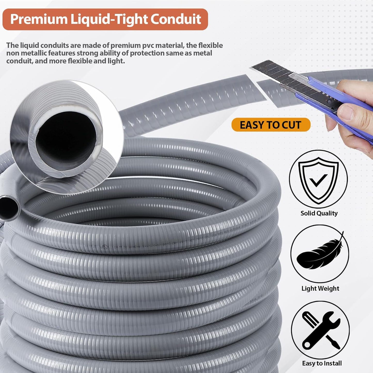 Liquid-Tight Conduit 1-1/2 inch 25ft, Electrical Conduit w/UL Certification, Flexible Conduit with 5 Straight and 5 90-Degree Conduit Connector Fittings Gray