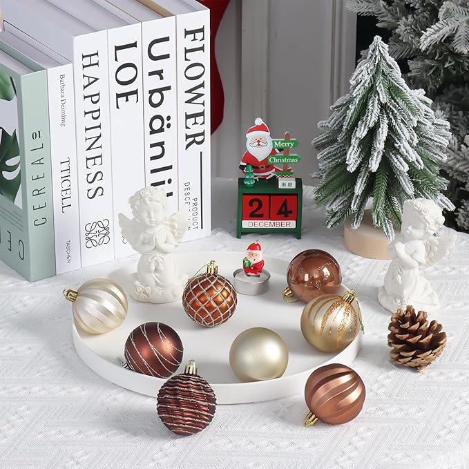 100PCS Brown and Gold Christmas Ornaments Set, Shatterproof Christmas Ball Ornaments Bulk, Assorted Decorations Baubles Hanging Ornaments for Christmas Trees Holiday Party Decor (Brown & Gold)