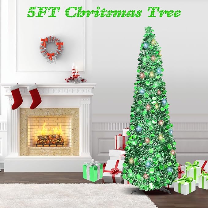 5 FT Pencil Christmas Tree, Collapsible Artificial Sequin Pop Up Christmas Tree, Skinny Pencil Tinsel Christmas Trees, Xmas Tree for Home Apartment Basement Fireplace (Pure Green)